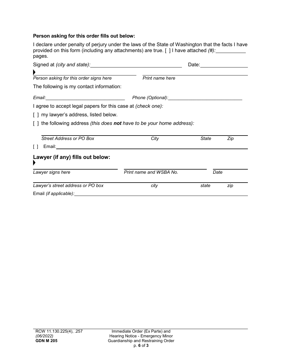 Form GDN M205 Motion for Immediate Order (Ex Parte) - Emergency Minor Guardianship and Restraining Order - Washington, Page 6