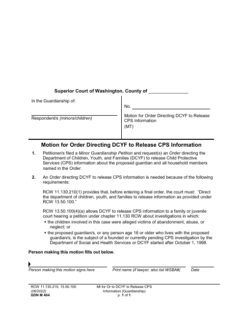 Form GDN M404 Motion for Order Directing Dcyf to Release Cps Information - Washington