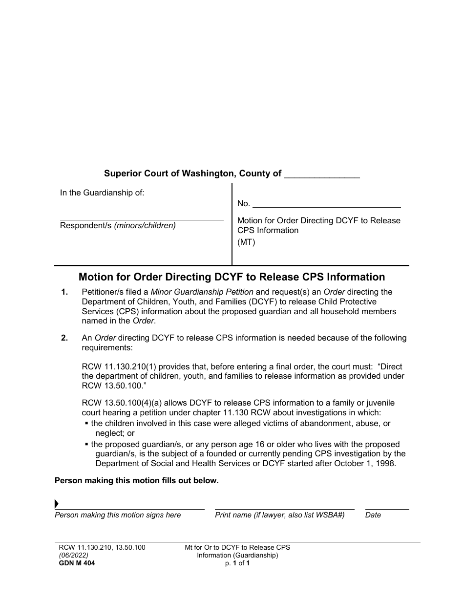 Form GDN M404 Motion for Order Directing Dcyf to Release Cps Information - Washington, Page 1