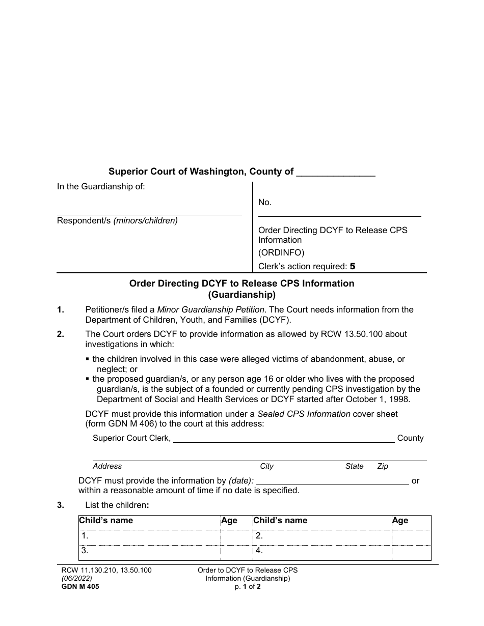 Form GDN M405 Order Directing Dcyf to Release Cps Information (Guardianship) - Washington, Page 1