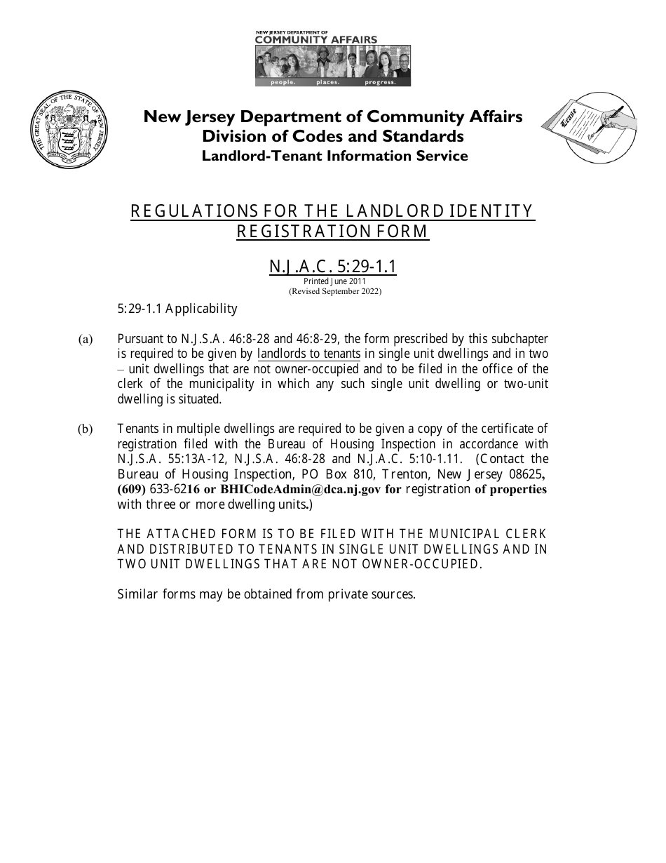New Jersey Landlord Identity Registration Statement One And Two Unit Dwelling Registration 6894