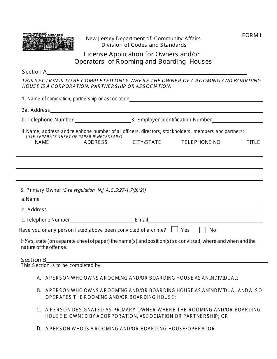 Form I License Application for Owners and/or Operators of Rooming and Boarding Houses - New Jersey, Page 1
