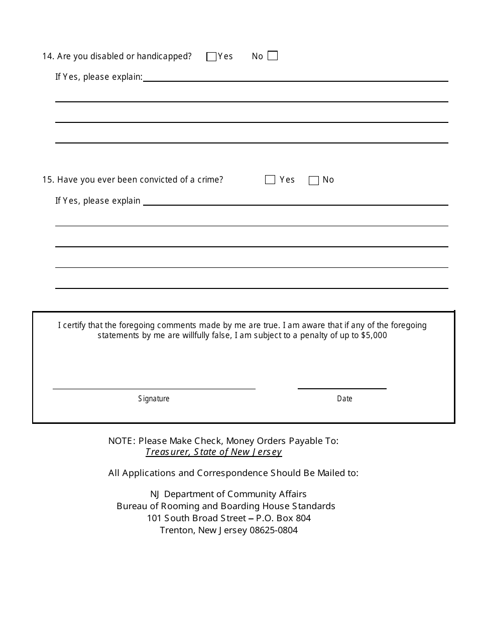 Form I License Application for Owners and / or Operators of Rooming and Boarding Houses - New Jersey, Page 4