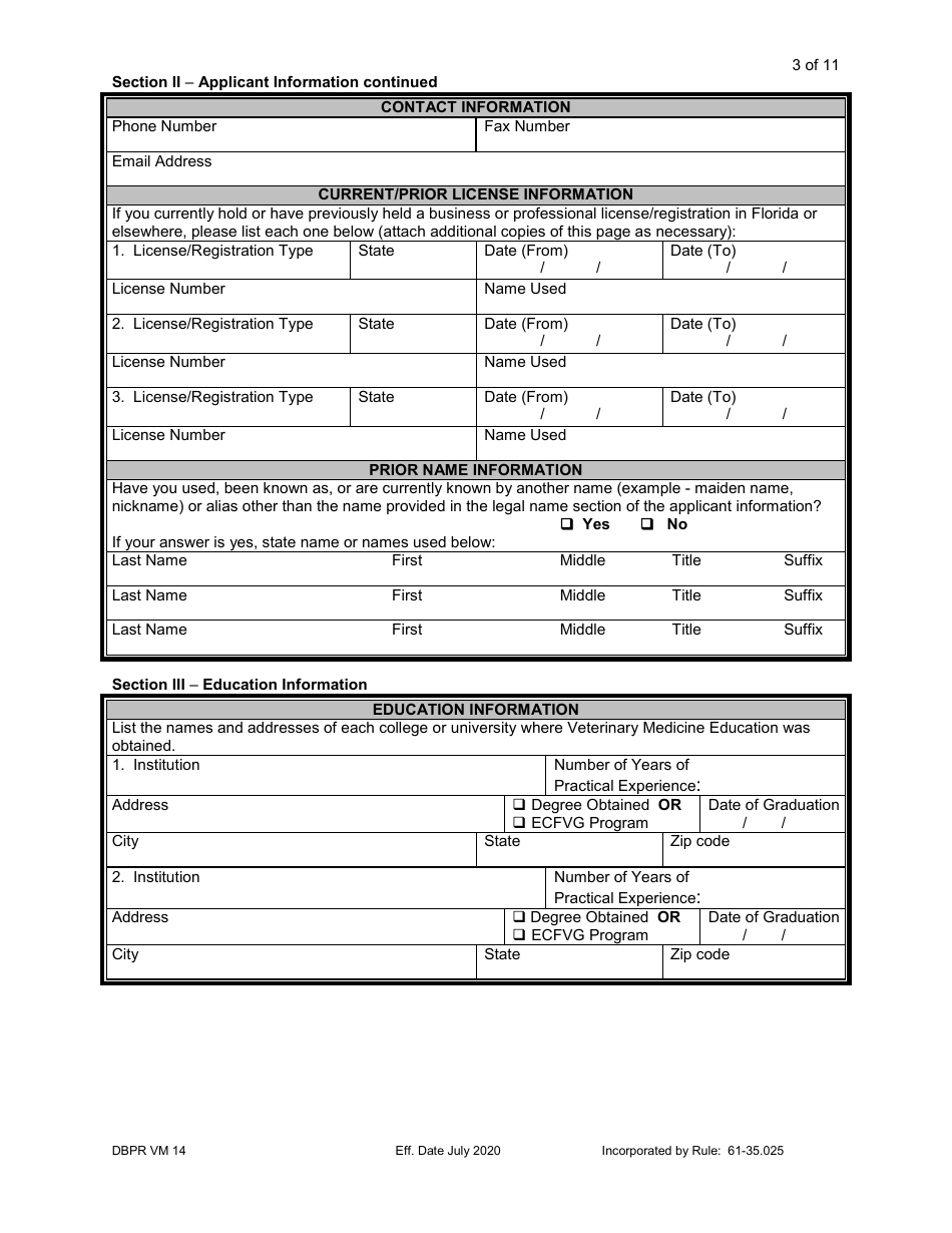 Form DBPR VM14 Application for Veterinarian Temporary License - Florida, Page 3