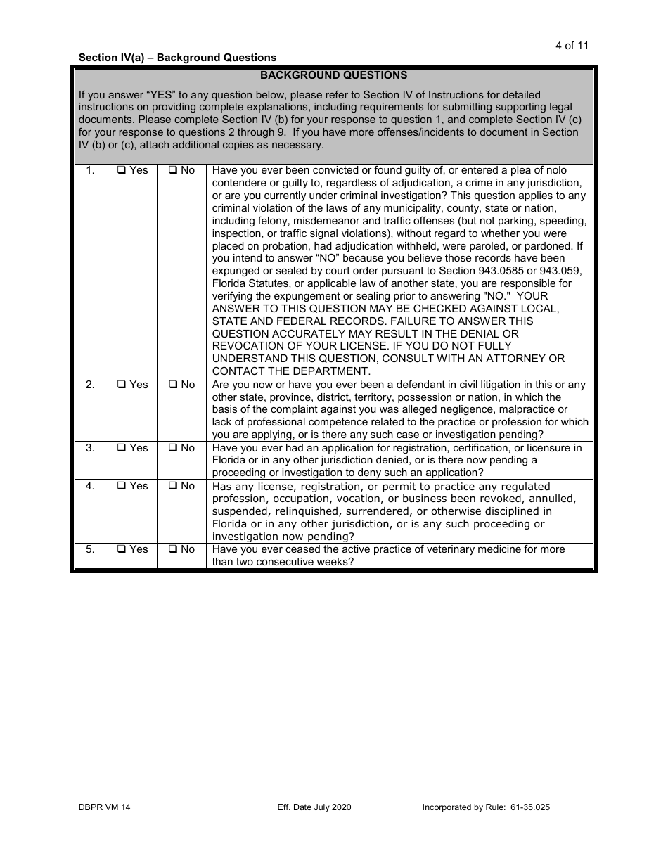 Form DBPR VM14 Application for Veterinarian Temporary License - Florida, Page 4