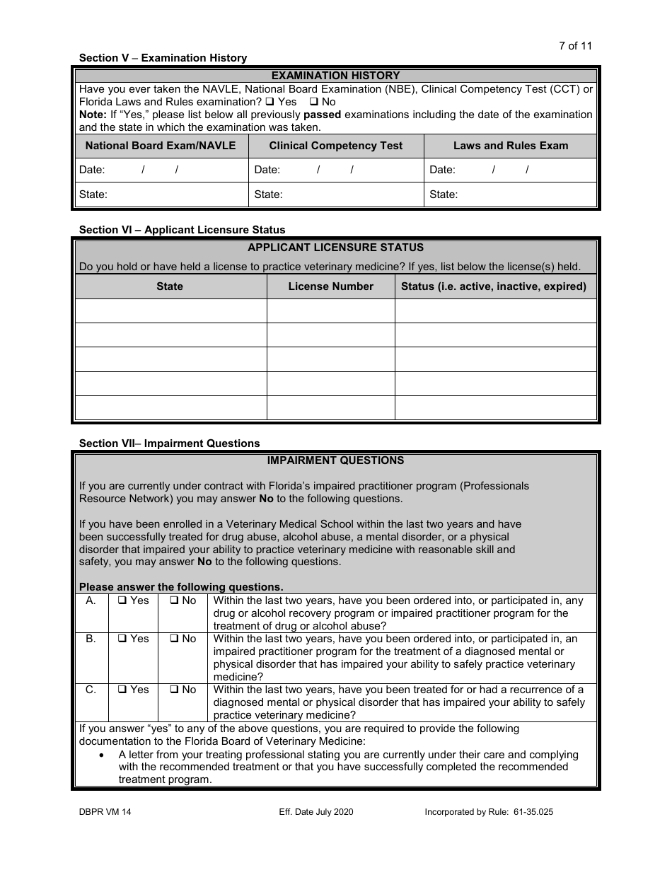 Form DBPR VM14 Application for Veterinarian Temporary License - Florida, Page 7
