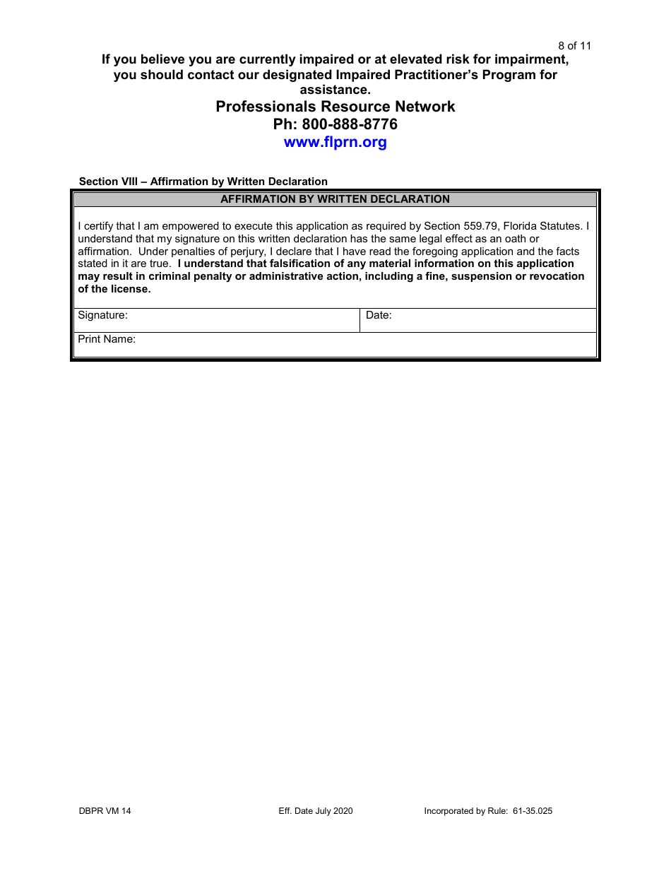 Form DBPR VM14 Application for Veterinarian Temporary License - Florida, Page 8