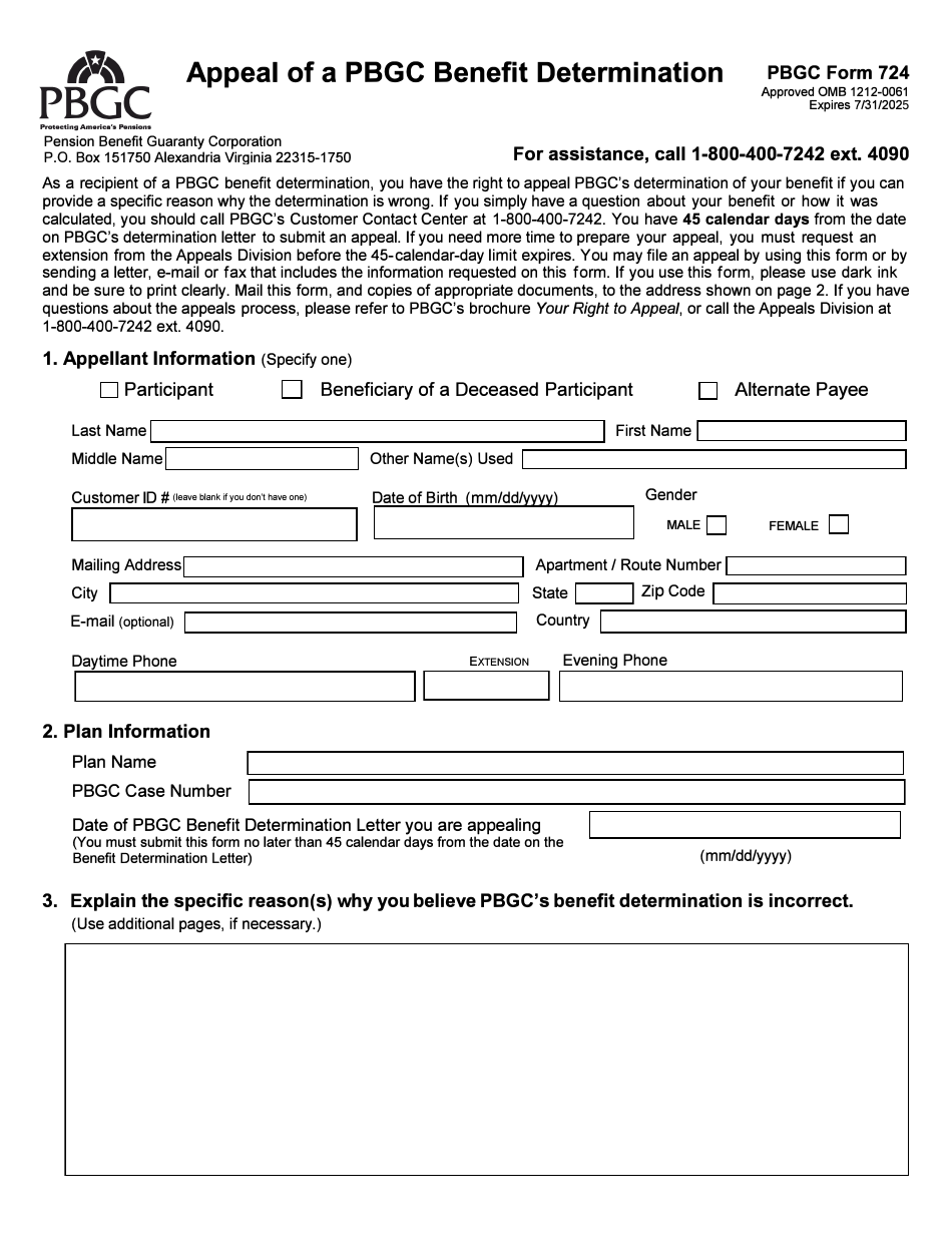 PBGC Form 724 Appeal of a PBGC Benefit Determination, Page 1