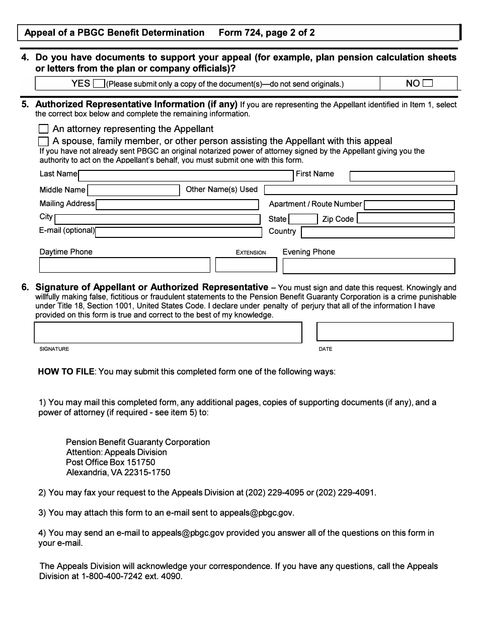 PBGC Form 724 Appeal of a PBGC Benefit Determination, Page 2