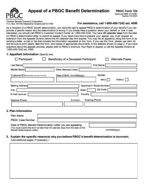 PBGC Form 724 Appeal of a PBGC Benefit Determination