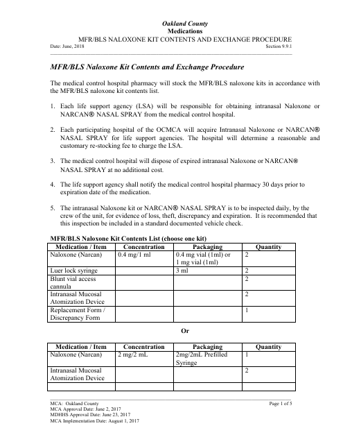 Mfr / Bls Naloxone Kit Contents and Exchange Procedure - Oakland County, Michigan Download Pdf