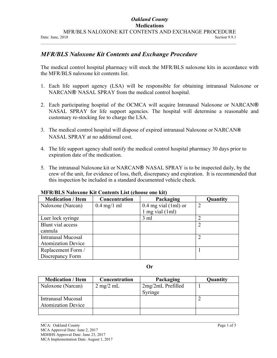 Mfr / Bls Naloxone Kit Contents and Exchange Procedure - Oakland County, Michigan, Page 1