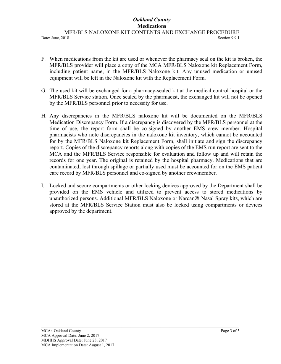 Mfr / Bls Naloxone Kit Contents and Exchange Procedure - Oakland County, Michigan, Page 3