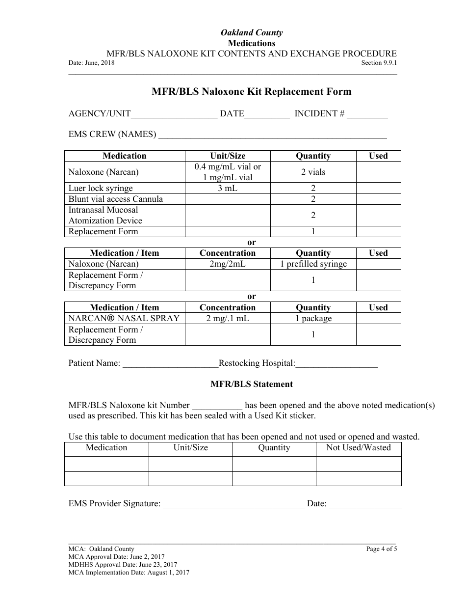 Mfr / Bls Naloxone Kit Contents and Exchange Procedure - Oakland County, Michigan, Page 4