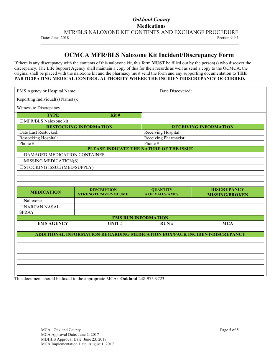 Mfr / Bls Naloxone Kit Contents and Exchange Procedure - Oakland County, Michigan, Page 5