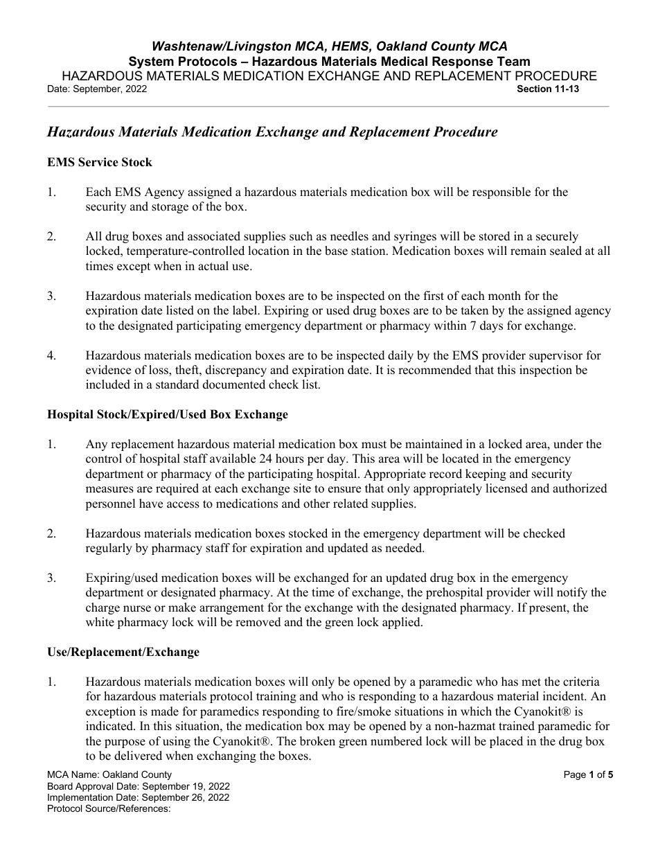 Hazardous Materials Medication Exchange and Replacement Procedure - Oakland County, Michigan, Page 1