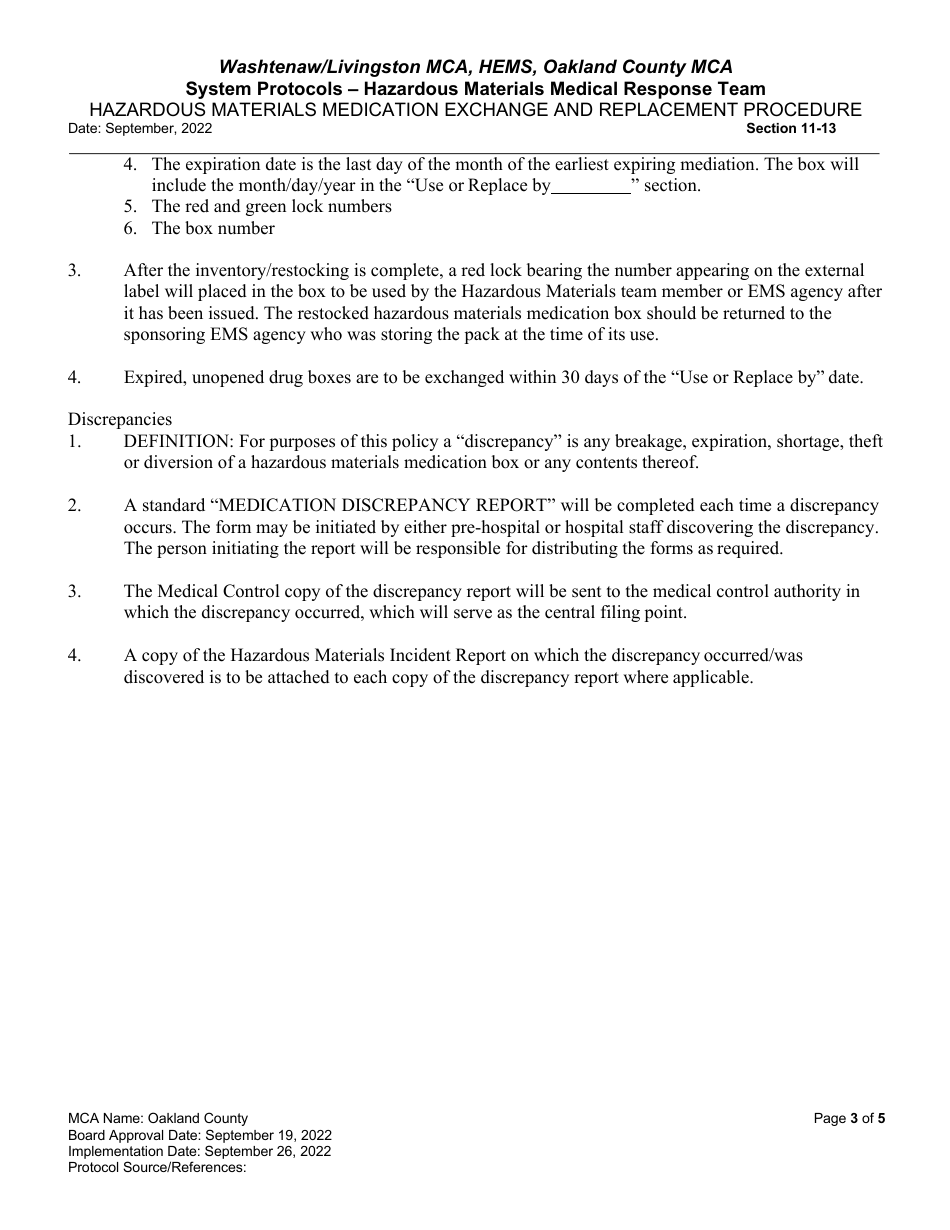 Hazardous Materials Medication Exchange and Replacement Procedure - Oakland County, Michigan, Page 3