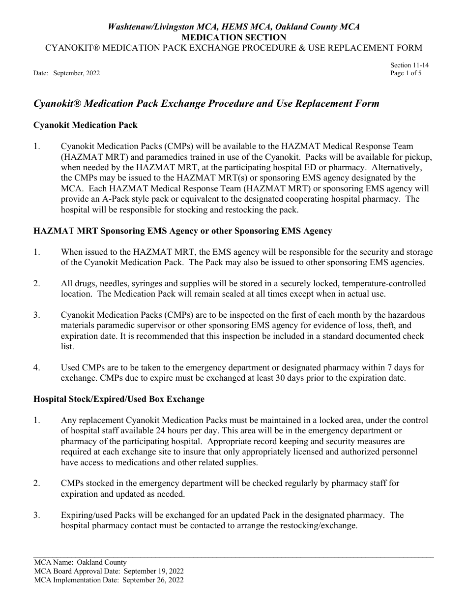 Cyanokit Medication Pack Use Replacement Form - Oakland County, Michigan, Page 1