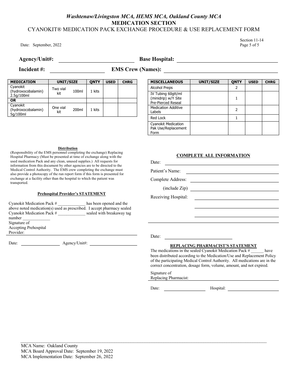 Cyanokit Medication Pack Use Replacement Form - Oakland County, Michigan, Page 5