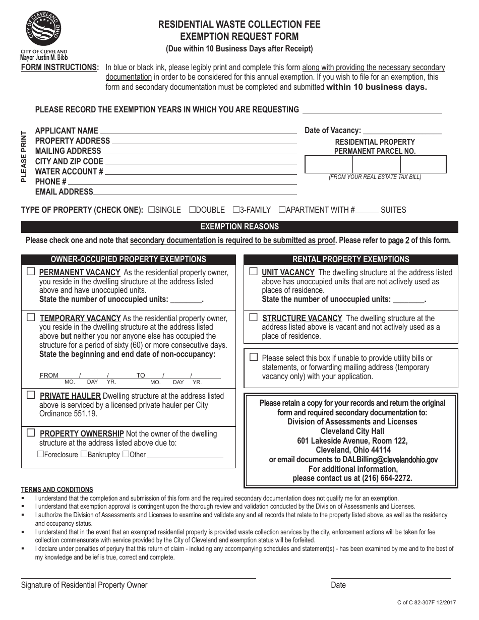 Form 82-307F Residential Waste Collection Fee Exemption Request Form - City of Cleveland, Ohio, Page 1