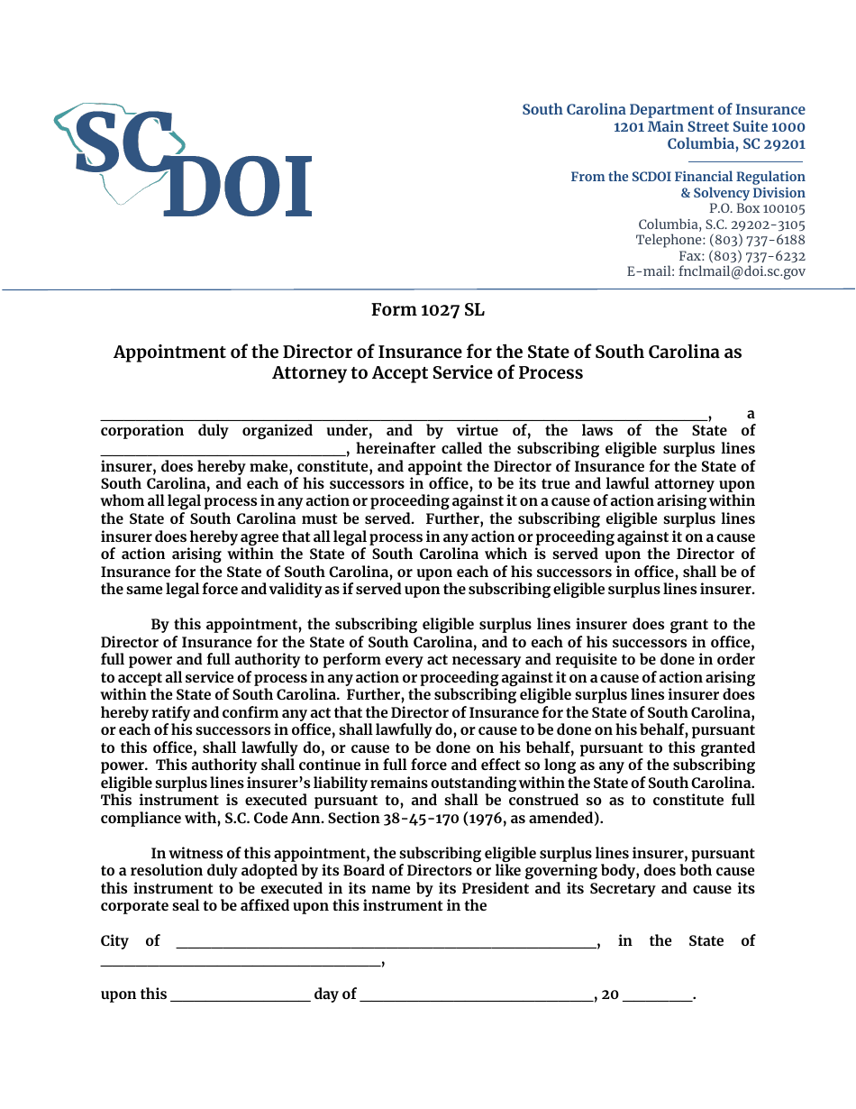 Form 1027 SL Appointment of the Director of Insurance for the State of South Carolina as Attorney to Accept Service of Process - South Carolina, Page 3