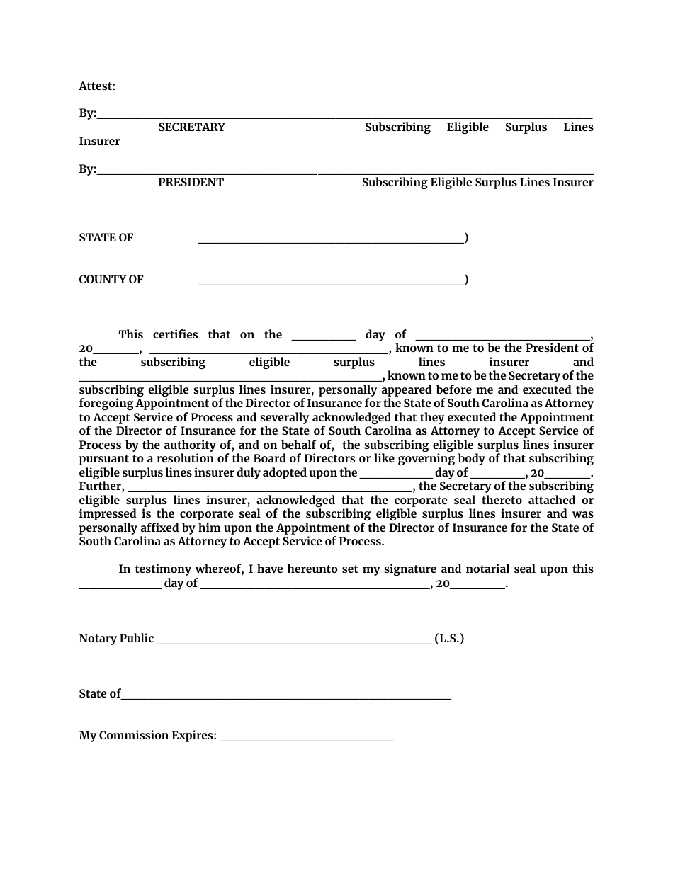 Form 1027 SL Appointment of the Director of Insurance for the State of South Carolina as Attorney to Accept Service of Process - South Carolina, Page 4