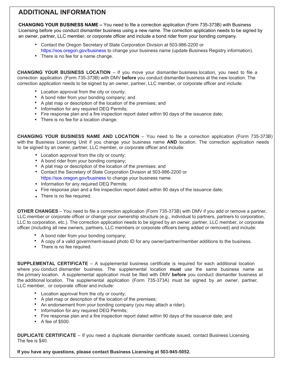 Form 735-373 Application for an Annual Business Certificate as a Dismantler of Motor Vehicles or Salvage Pool Operator - Oregon, Page 2