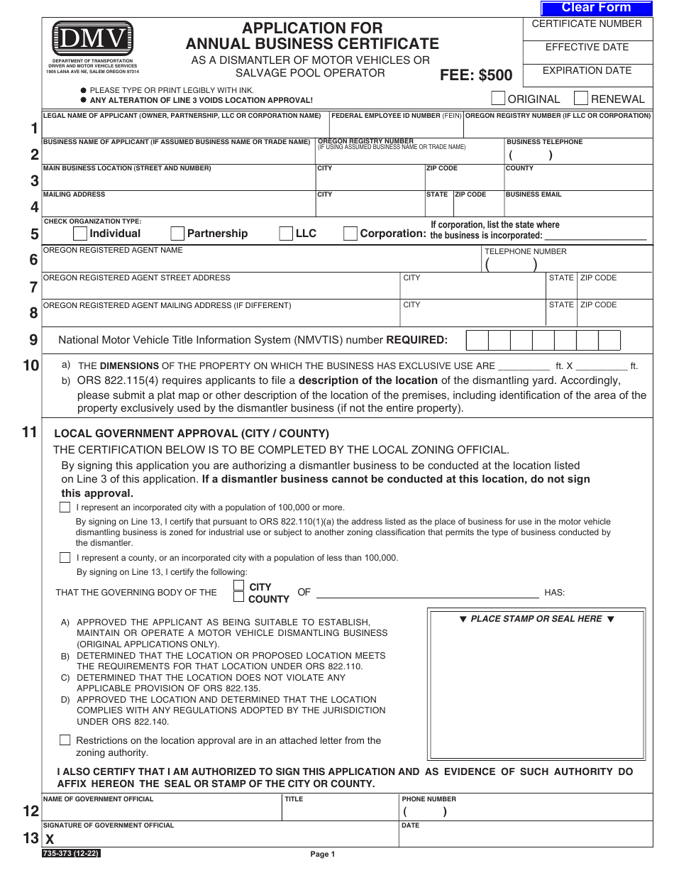 Form 735-373 Application for an Annual Business Certificate as a Dismantler of Motor Vehicles or Salvage Pool Operator - Oregon, Page 3