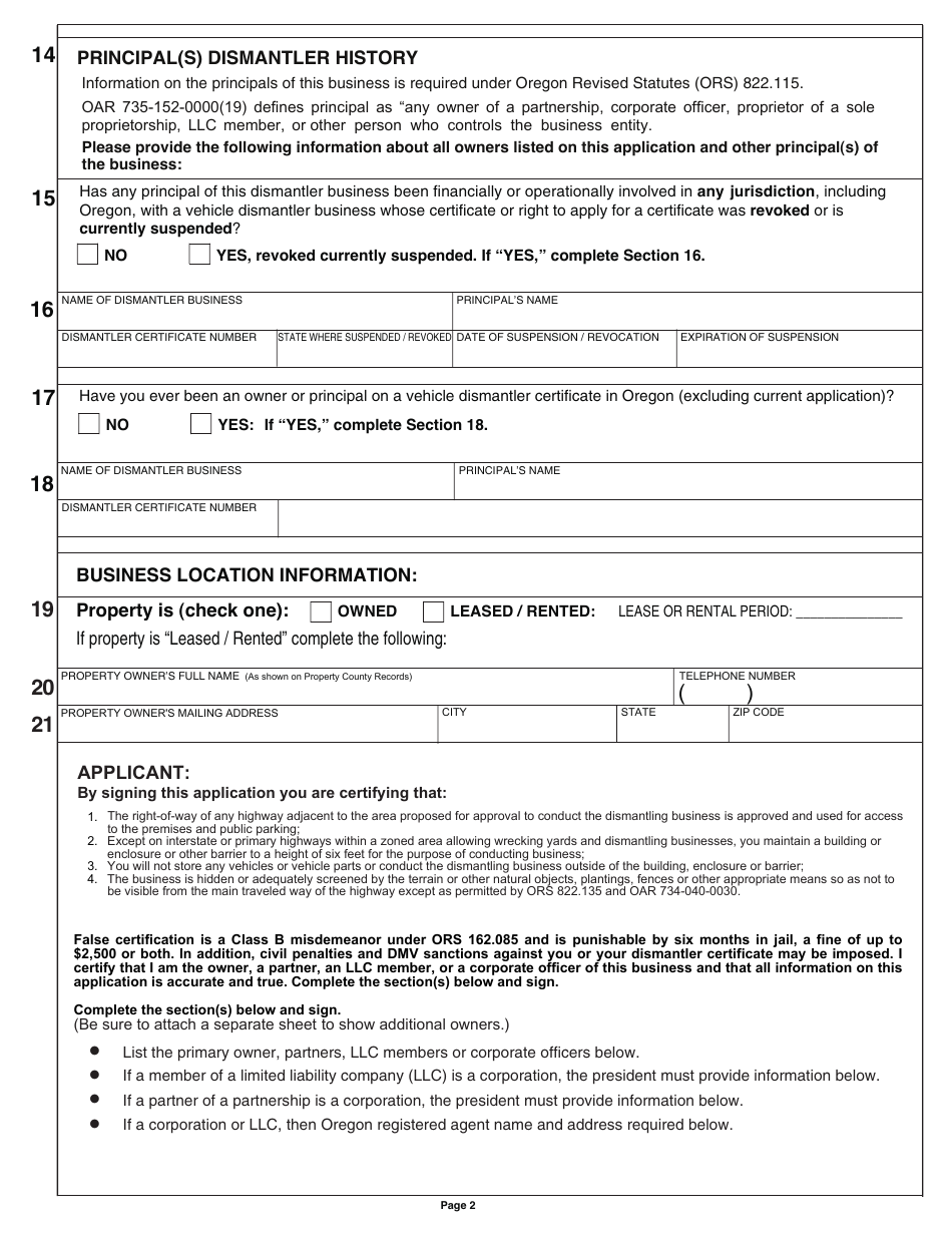 Form 735-373 Application for an Annual Business Certificate as a Dismantler of Motor Vehicles or Salvage Pool Operator - Oregon, Page 4