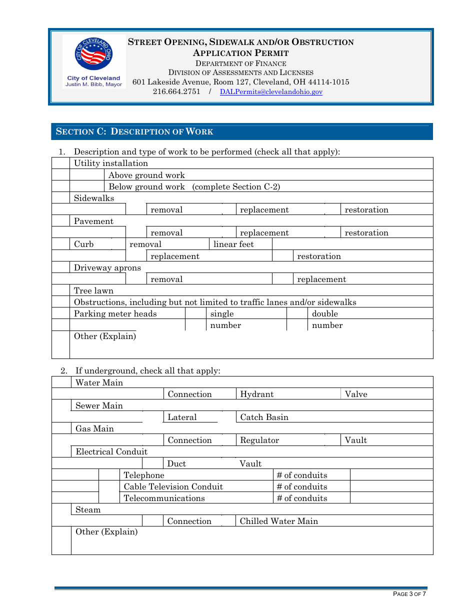 Street Opening, Sidewalk and / or Obstruction Application Permit - City of Cleveland, Ohio, Page 3