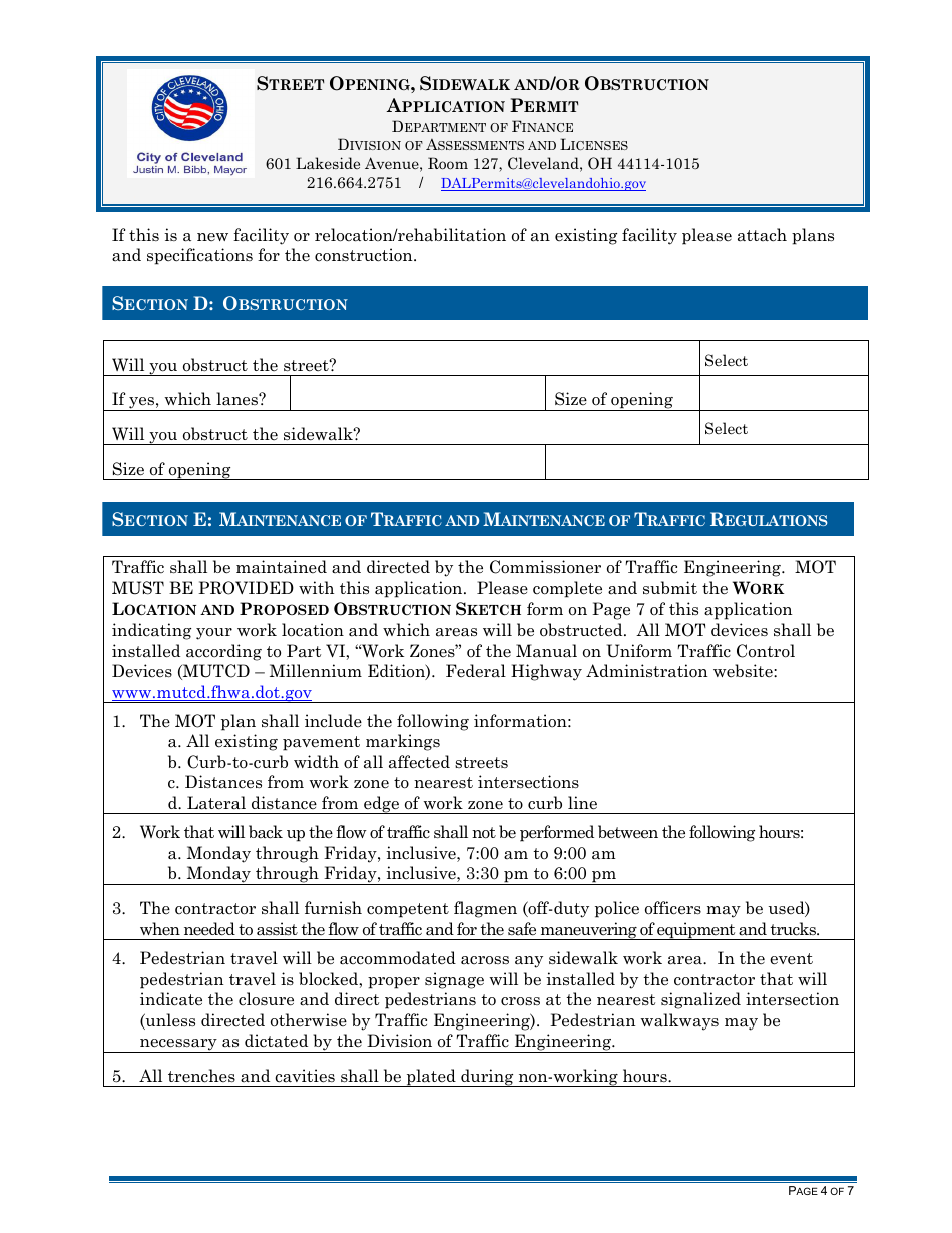 Street Opening, Sidewalk and / or Obstruction Application Permit - City of Cleveland, Ohio, Page 4