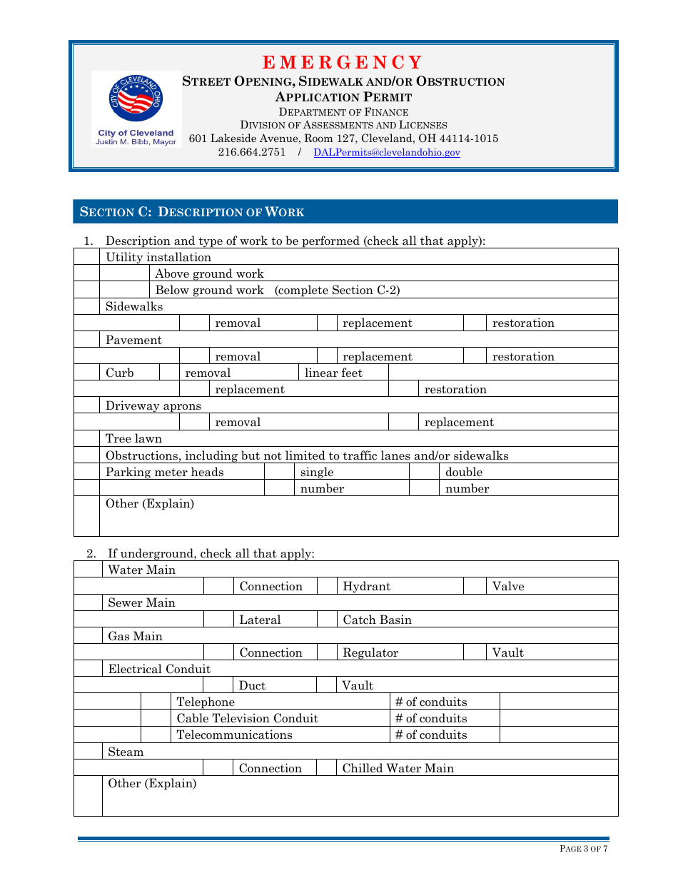 Street Opening, Sidewalk and / or Obstruction Application Permit - Emergency - City of Cleveland, Ohio, Page 3