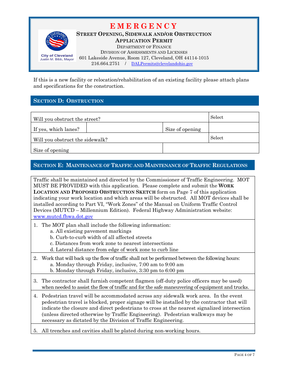 Street Opening, Sidewalk and / or Obstruction Application Permit - Emergency - City of Cleveland, Ohio, Page 4