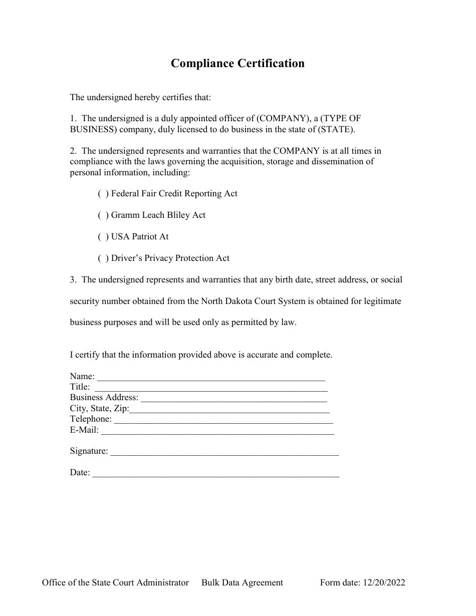Compliance Certification - North Dakota, Page 1