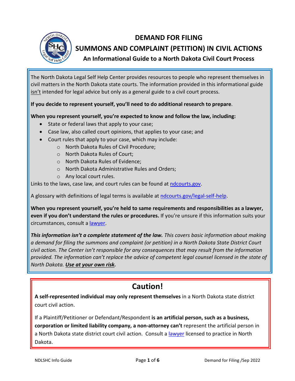North Dakota Demand for Filing Fill Out, Sign Online and Download PDF