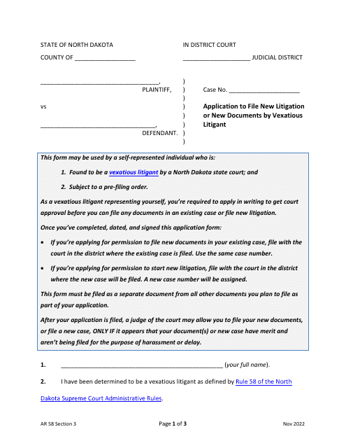 Form AR58 Section 3 Application to File New Litigation or New Documents by Vexatious Litigant - North Dakota
