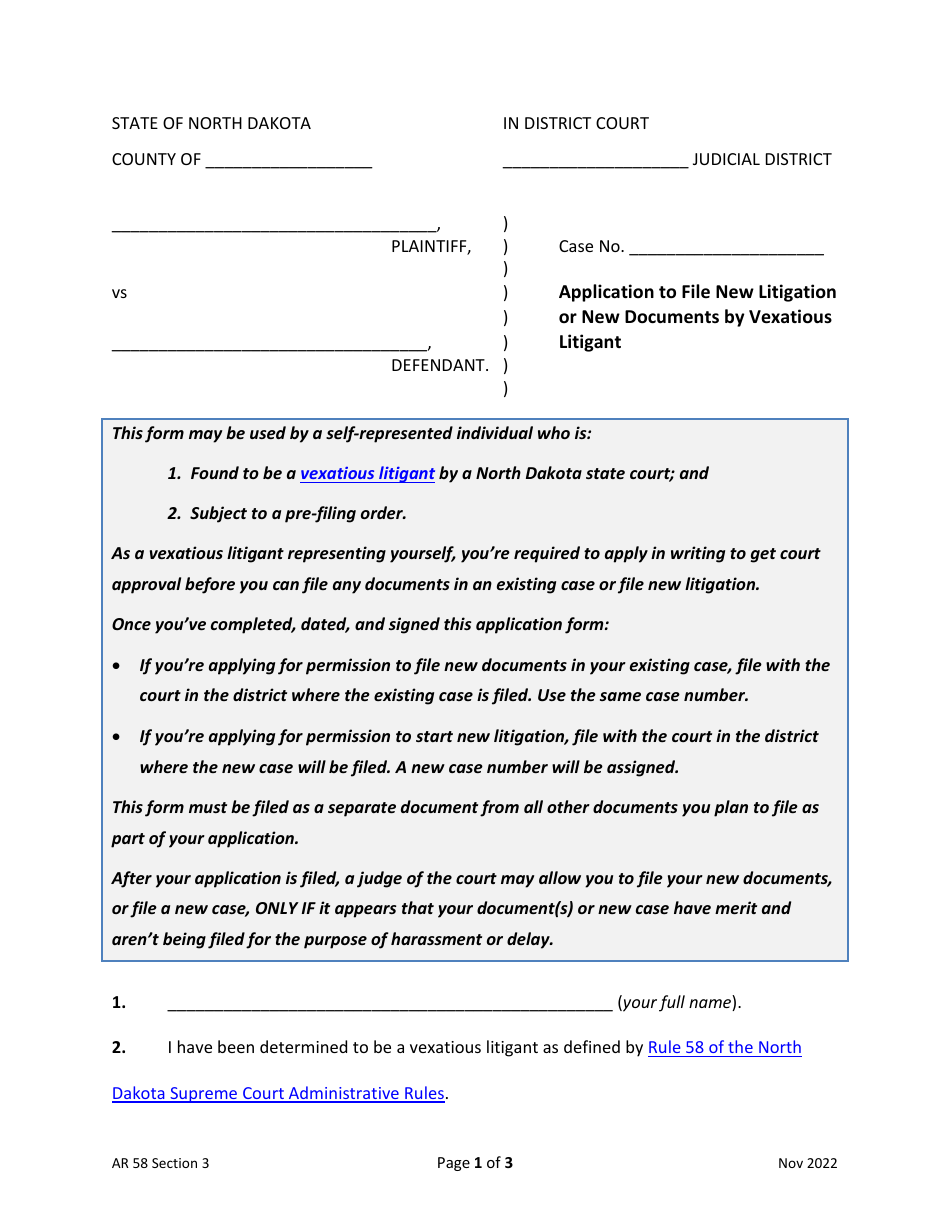 Form AR58 Section 3 Application to File New Litigation or New Documents by Vexatious Litigant - North Dakota, Page 1