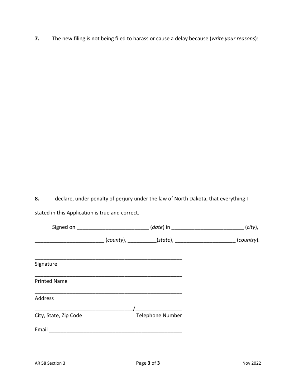 Form AR58 Section 3 Application to File New Litigation or New Documents by Vexatious Litigant - North Dakota, Page 3