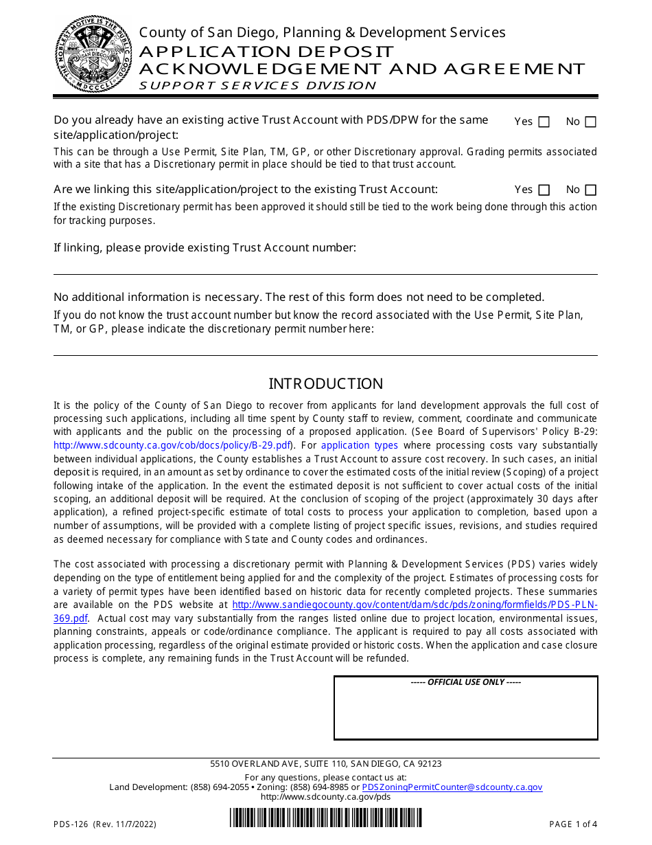 Form PDS-126 Application Deposit Acknowledgement and Agreement - County of San Diego, California, Page 1
