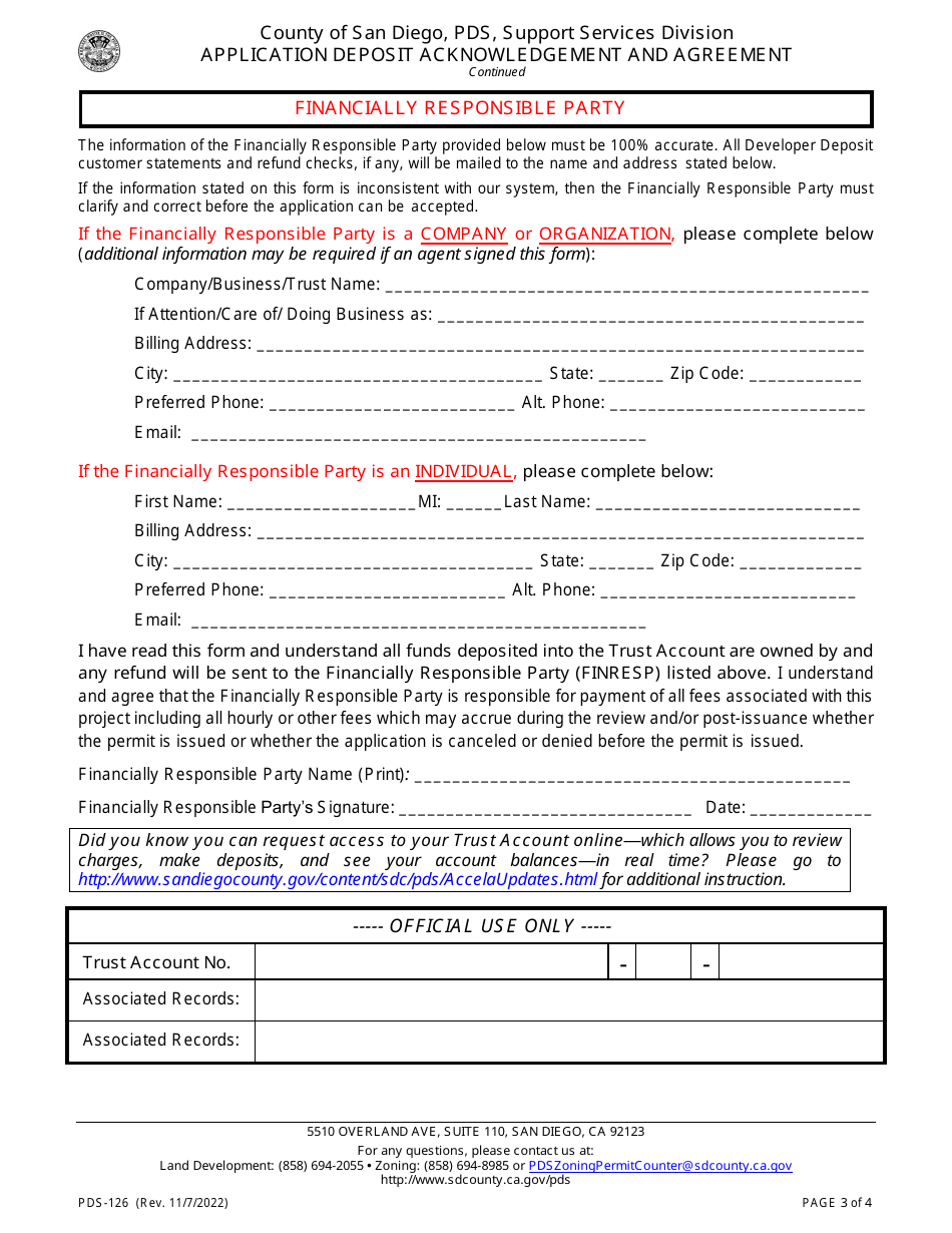 Form PDS-126 Application Deposit Acknowledgement and Agreement - County of San Diego, California, Page 3
