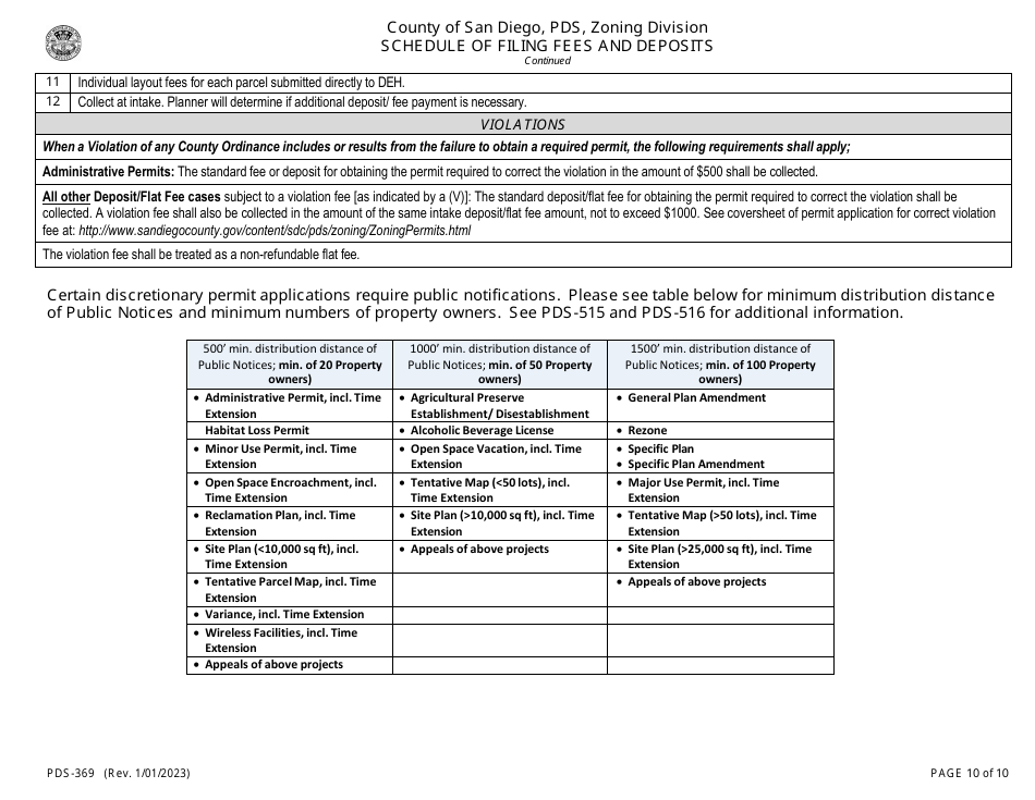 Form PDS-369 Schedule of Filing Fees and Deposits - County of San Diego, California, Page 10
