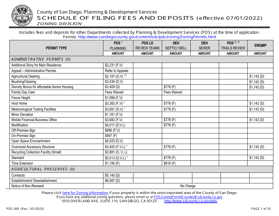 Form PDS-369 Schedule of Filing Fees and Deposits - County of San Diego, California, Page 1