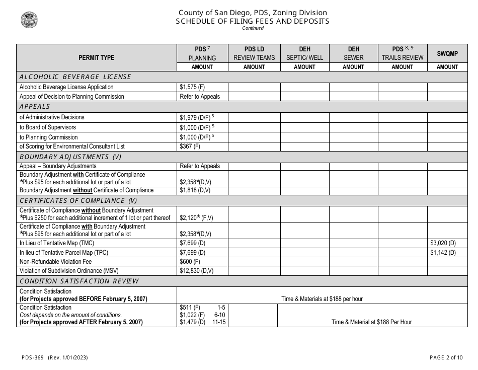 Form PDS-369 Schedule of Filing Fees and Deposits - County of San Diego, California, Page 2