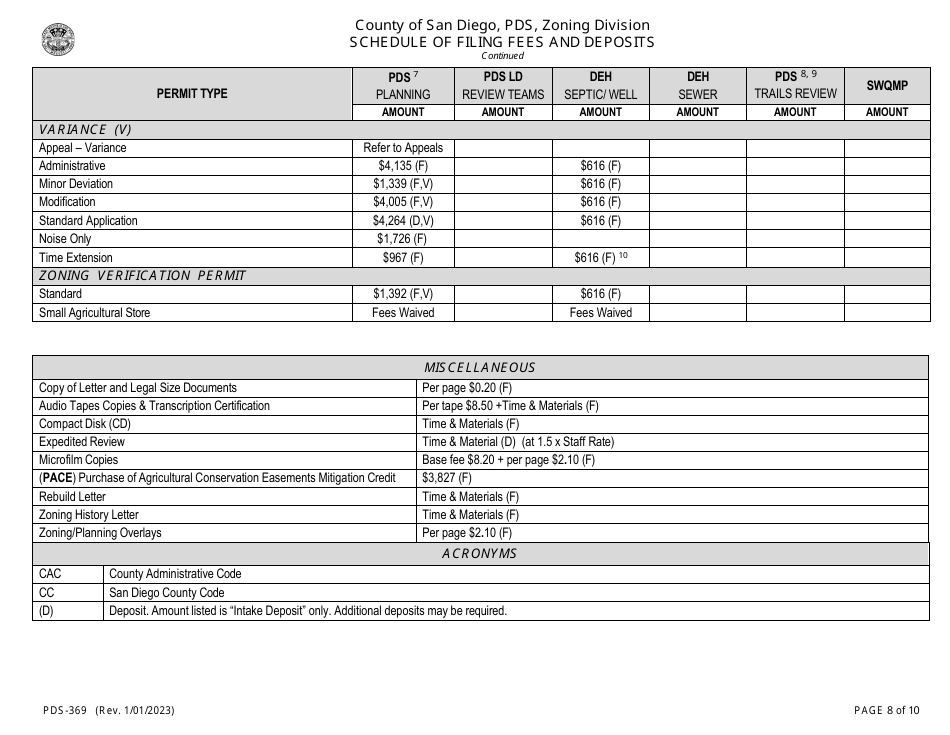 Form PDS-369 Schedule of Filing Fees and Deposits - County of San Diego, California, Page 8