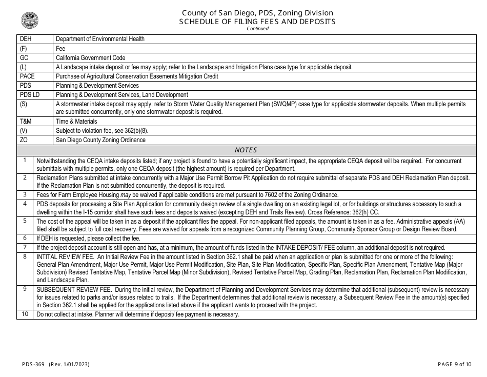 Form PDS-369 Schedule of Filing Fees and Deposits - County of San Diego, California, Page 9