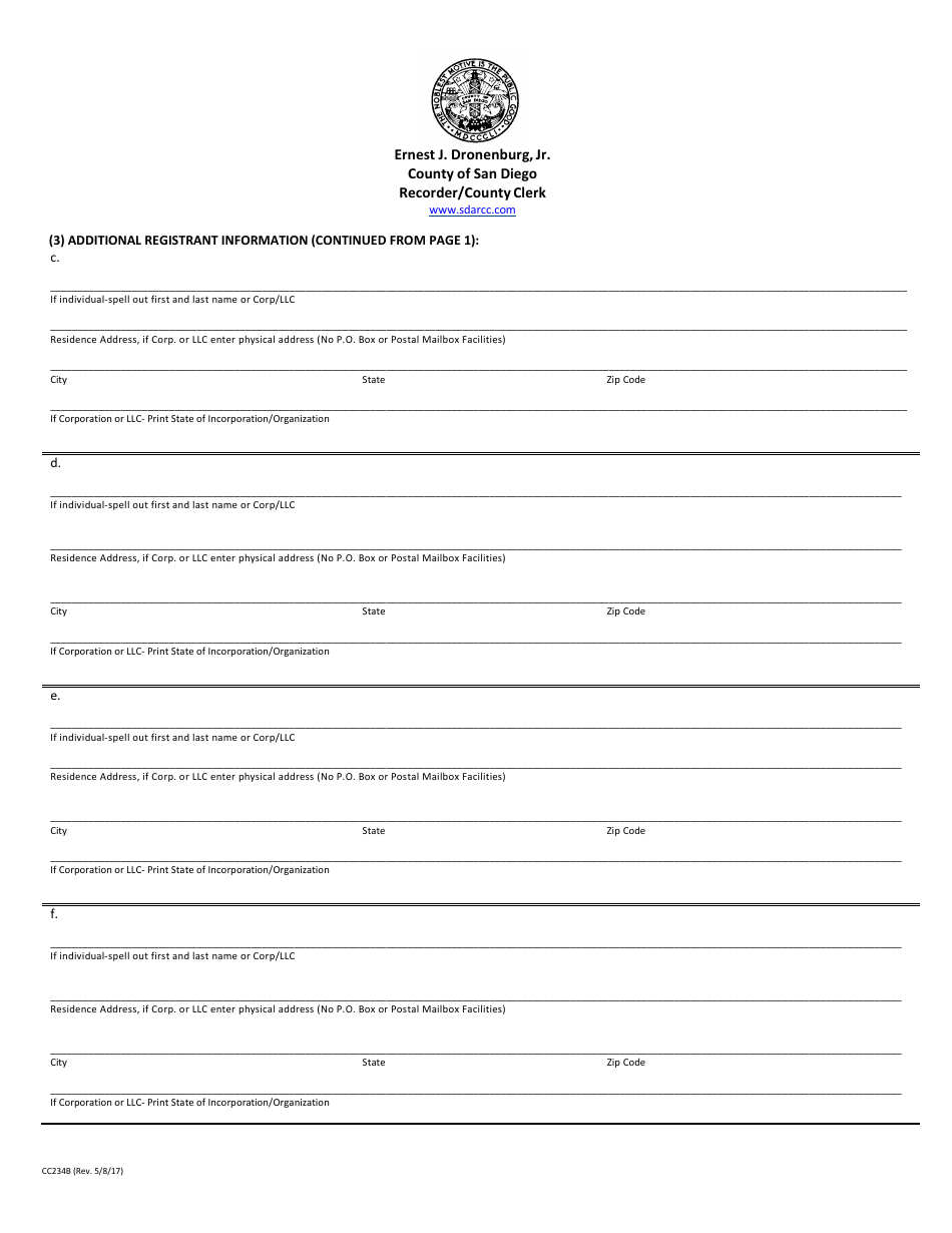 Form CC234B Additional Registrant Information - County of San Diego, California, Page 1