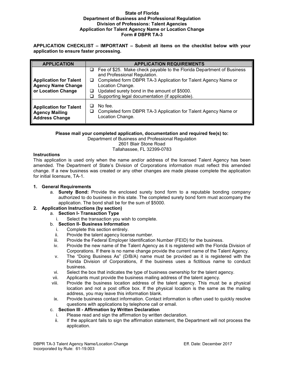 Form DBPR TA-3 Application for Talent Agency Name or Location Change - Florida, Page 2