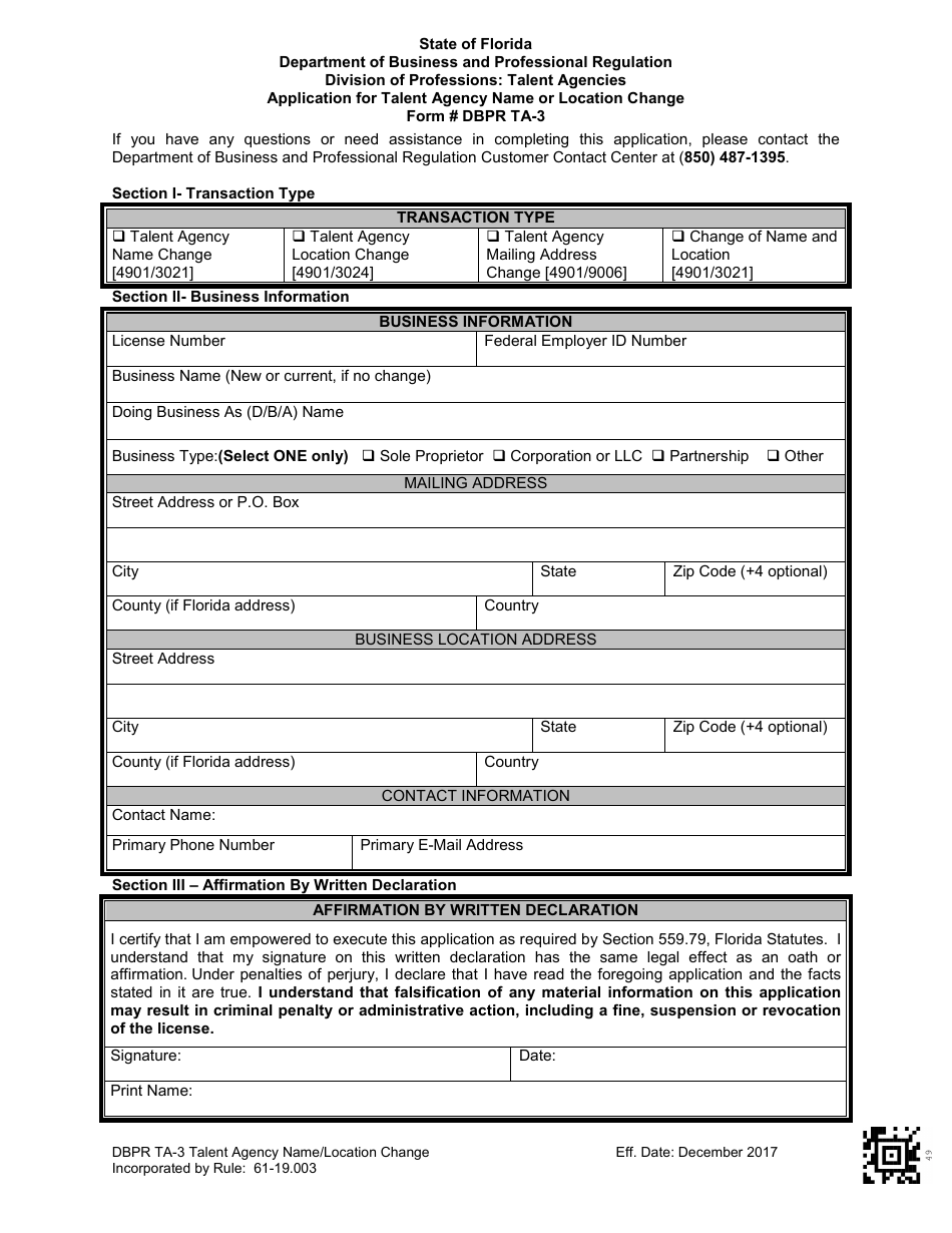 Form DBPR TA-3 Application for Talent Agency Name or Location Change - Florida, Page 3