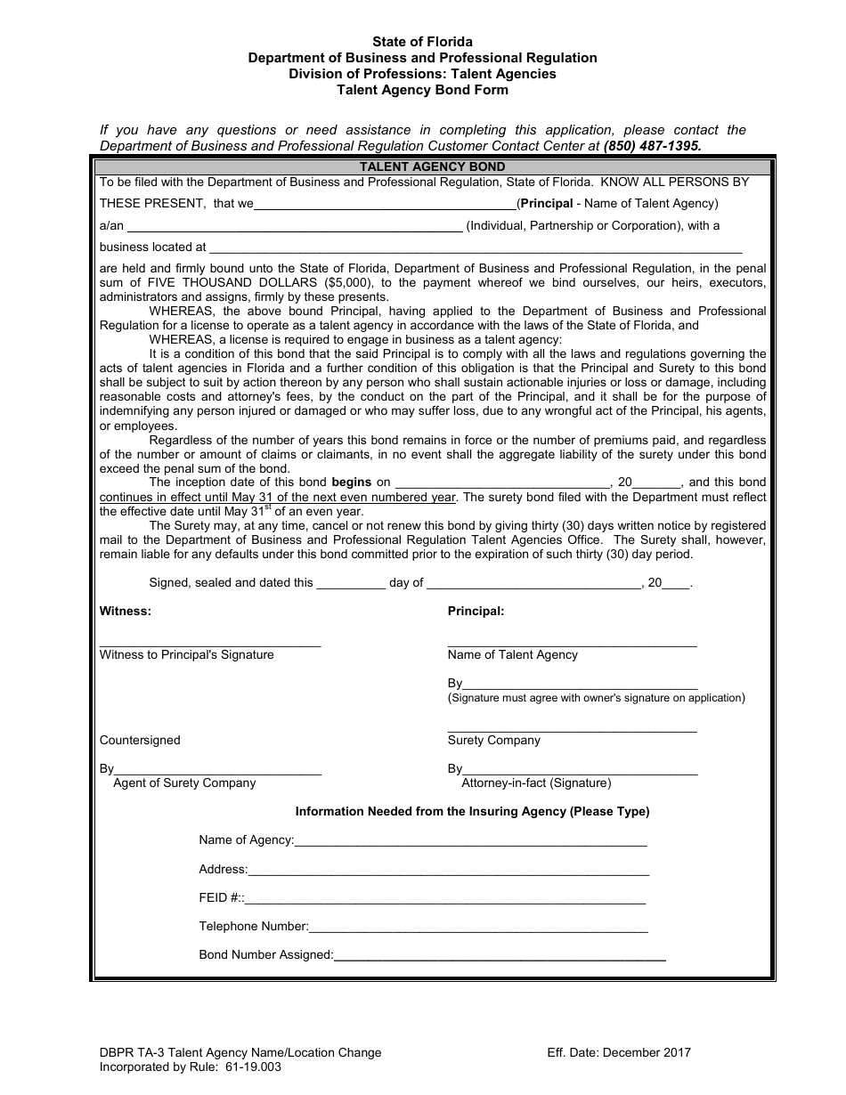 Form DBPR TA-3 Application for Talent Agency Name or Location Change - Florida, Page 4