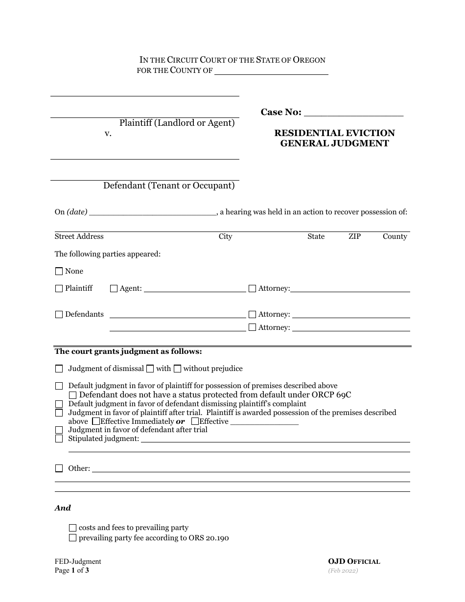 Residential Eviction General Judgment and Money Award - Oregon, Page 1